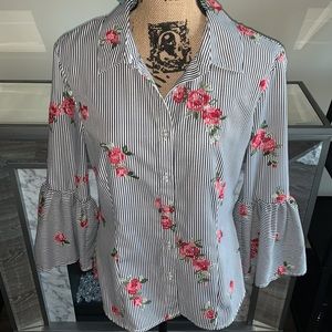 Calvin Klein black/white striped floral embroidered button down blouse.